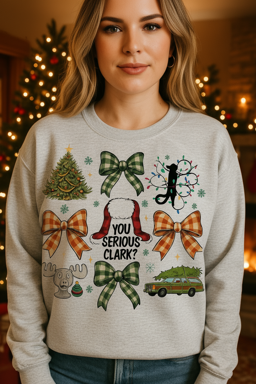 Light heather gray Christmas Vacation sweatshirt with cozy background