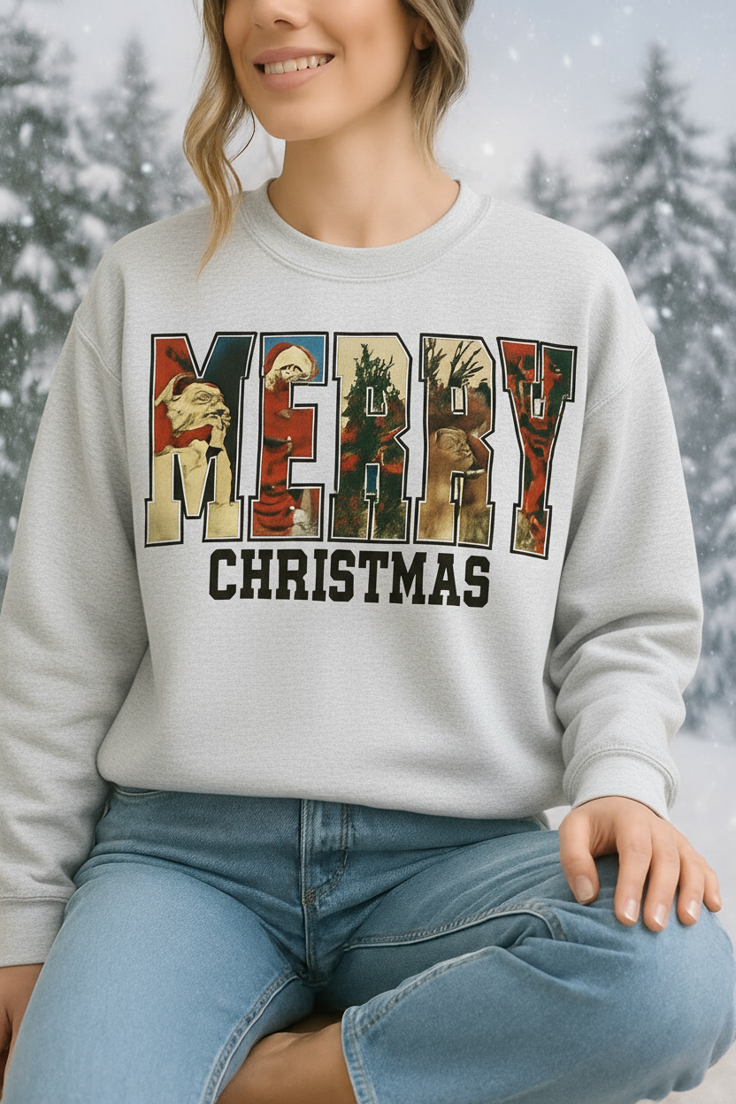 Light heather gray Merry Christmas sweatshirt with snowy background