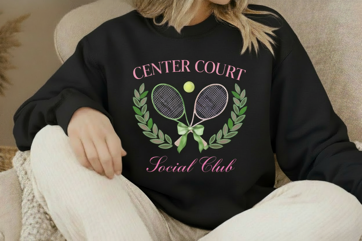 Black Center Court Social Club Sweatshirt with Pink Text