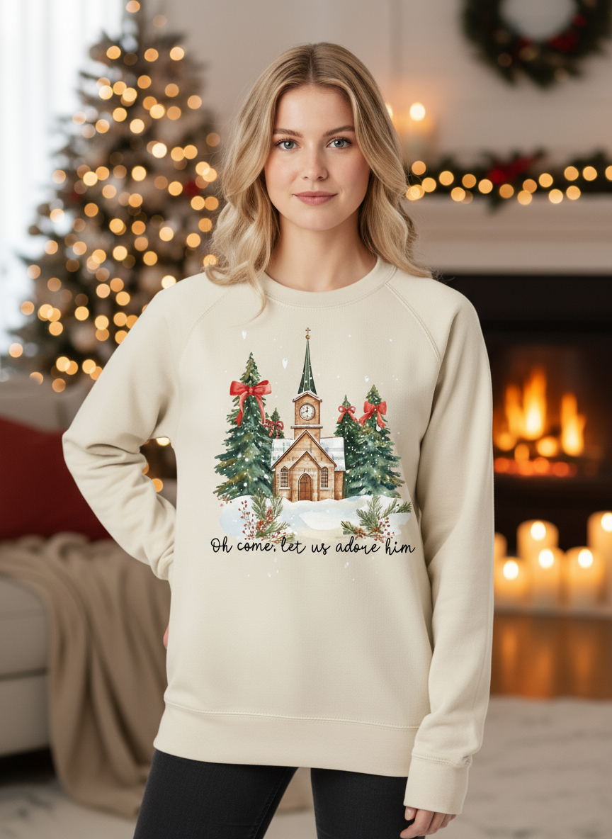 Close-up of cream Christmas sweatshirt with cozy background