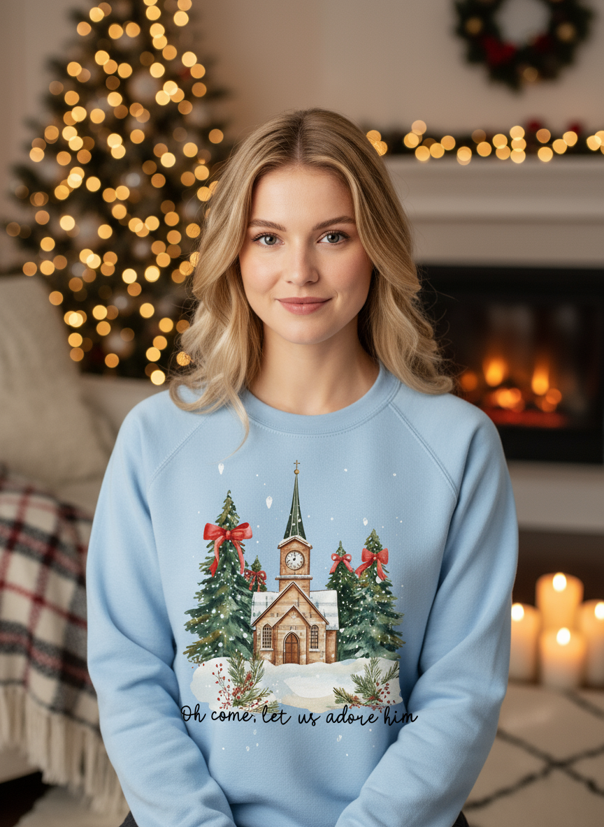 Close-up of light blue Christmas sweatshirt with cozy background