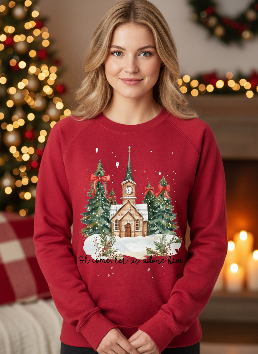 Close-up of red Christmas sweatshirt with cozy background