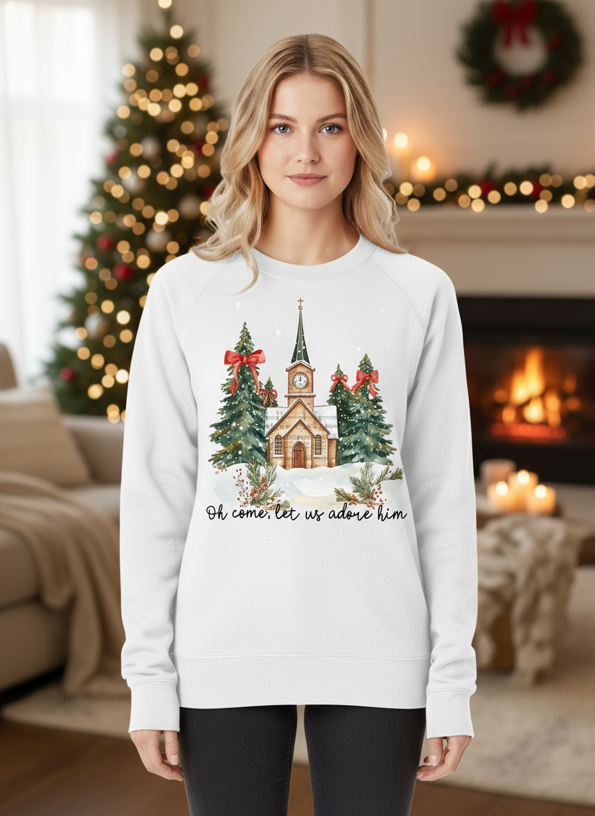 Close-up of white Christmas sweatshirt with cozy background