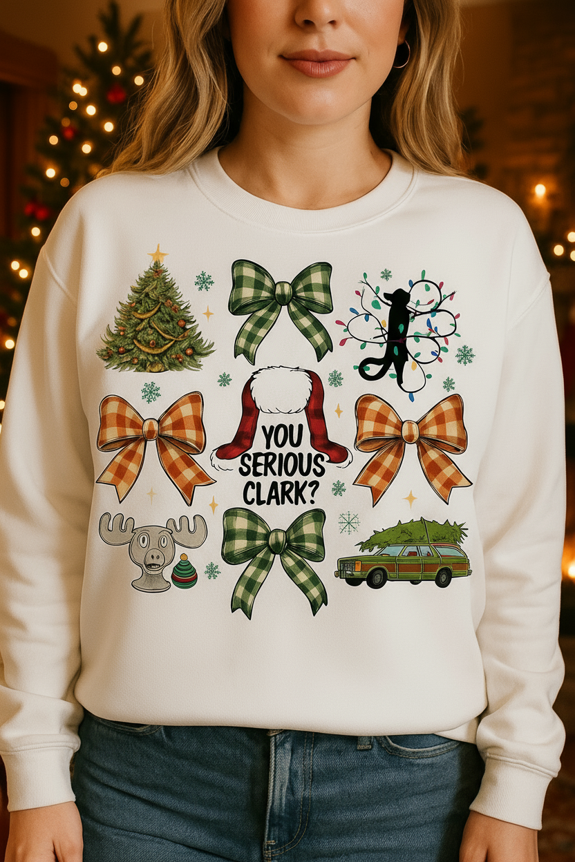 Cream Christmas Vacation sweatshirt with cozy background