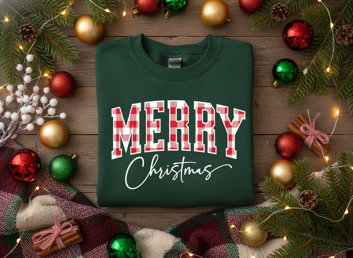 Folded Forest Green Sweatshirt with Christmas Background