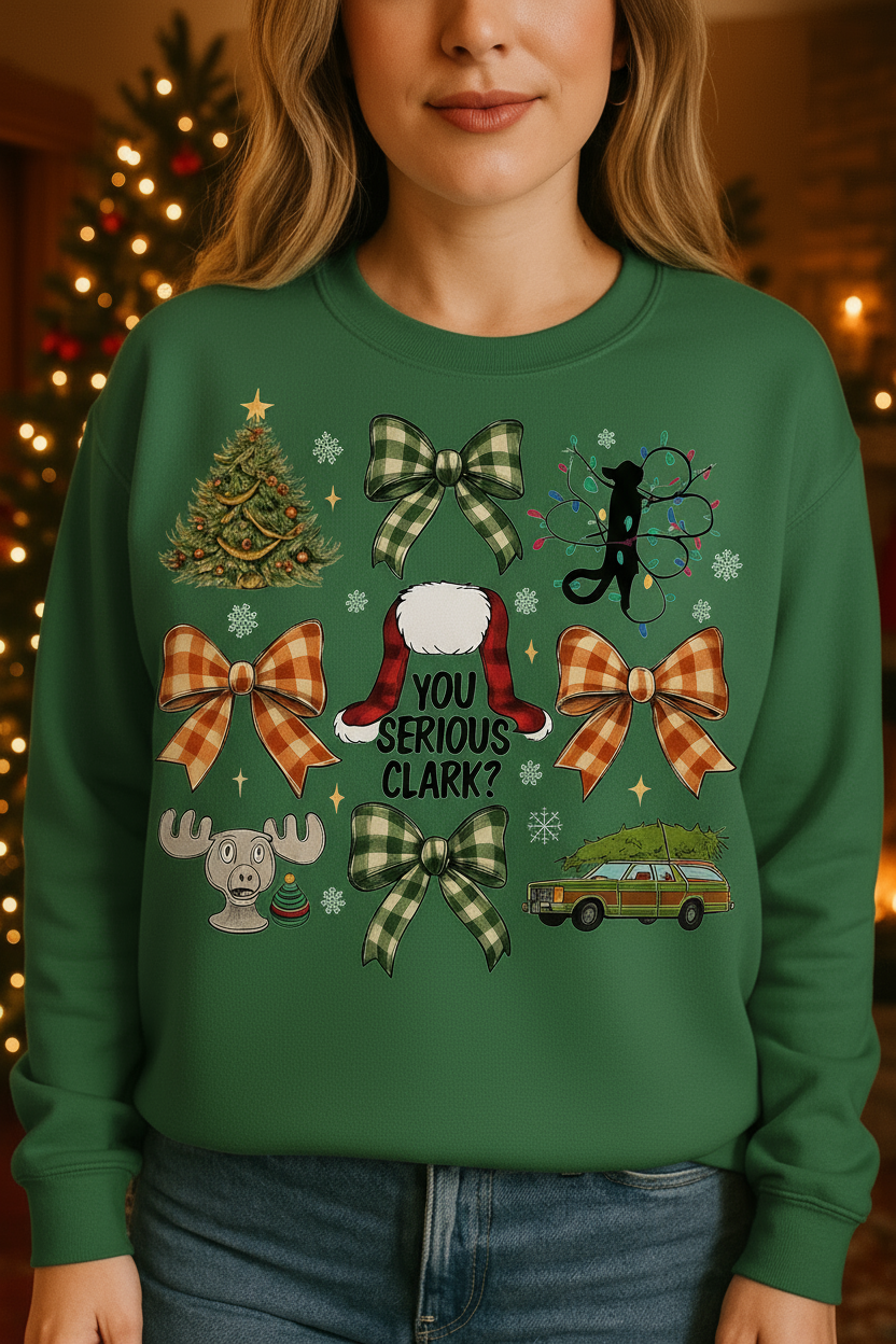 Green Christmas Vacation sweatshirt with cozy background