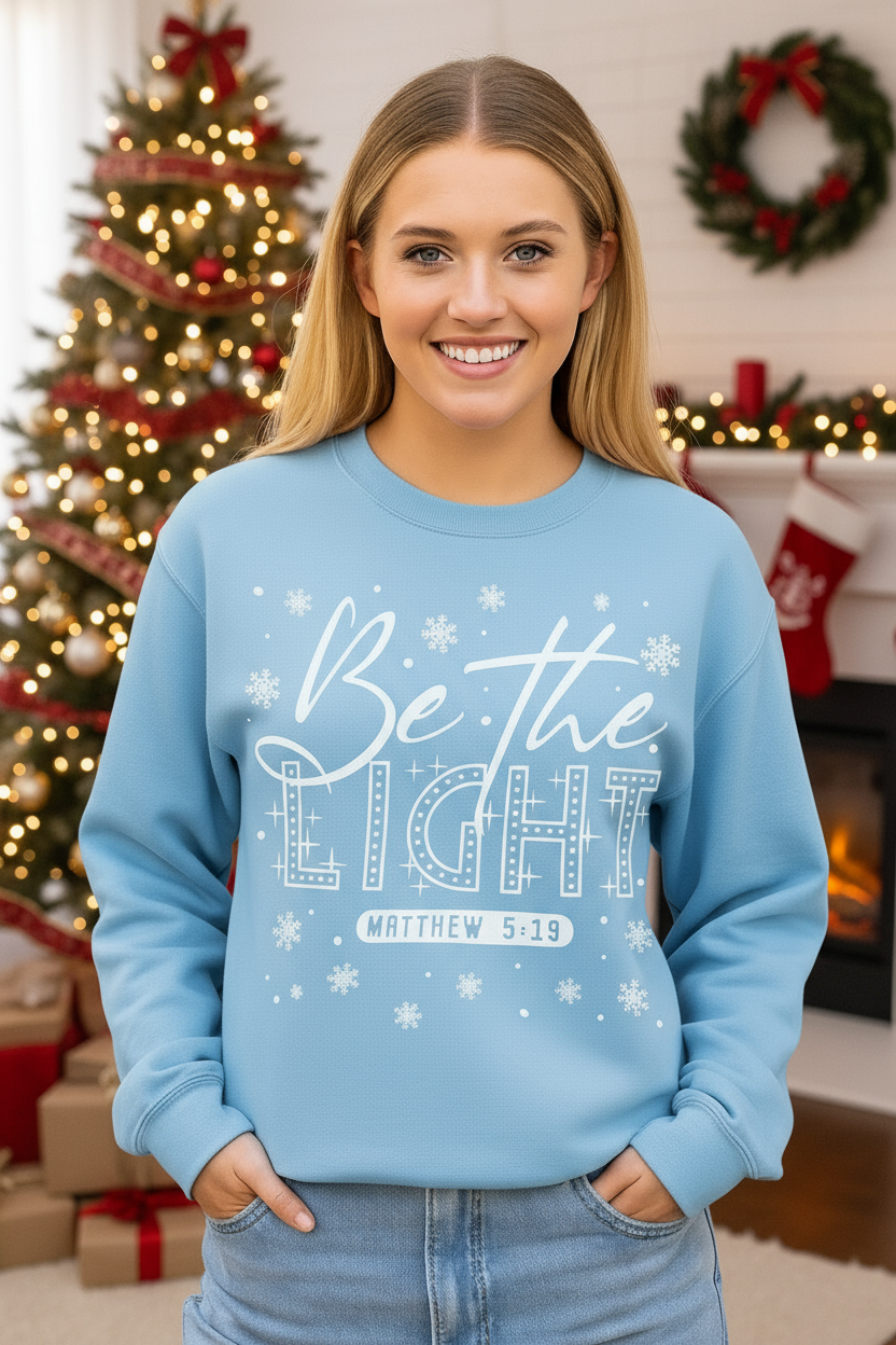 Light blue sweatshirt with Christmas background