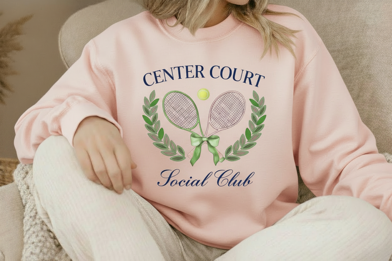 Light Pink Center Court Social Club Sweatshirt with Navy Text