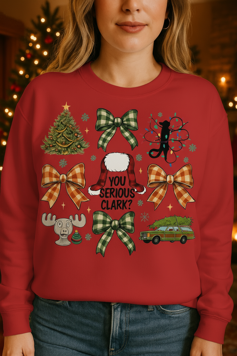 Red Christmas Vacation sweatshirt with cozy background