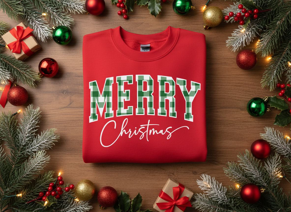 Red Sweatshirt with Green and White Striped Letters